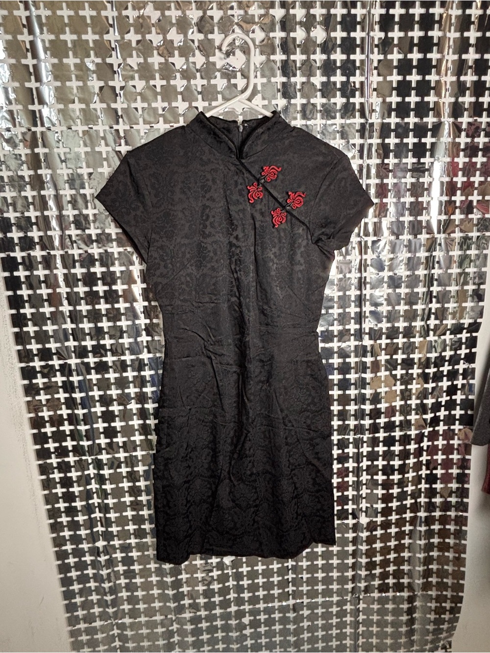 Nicole Miller Black Midi Cheongsam Dress with Red Knot Accents